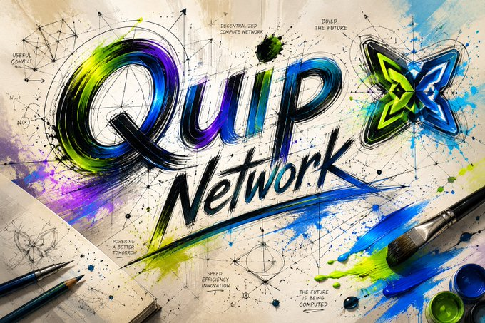 A vibrant, graffiti-style artwork displays the text "Quip Network" in bold, multicolored letters (green, blue, and black) alongside a stylized star logo, with surrounding phrases like "DECENTRALIZED COMPUTE NETWORK," "BUILD THE FUTURE," and "POWERING A BETTER TOMORROW." The image visually reinforces the post's excitement about Quip Network's upcoming milestone, with artistic elements like paintbrushes and geometric sketches symbolizing creativity and innovation in building the project's future.
