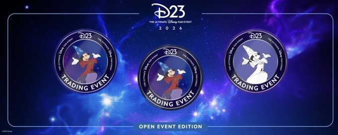 A promotional image for D23: The Ultimate Disney Fan Event 2026 features three "Trading Event" digital pins against a cosmic purple background, showcasing Mickey Mouse (Sorcerer Mickey and tuxedo Mickey) and Tinker Bell designs, with text noting the "Open Event Edition." The image aligns with the post's announcement of trading rewards at the Disney Pinnacle by Dapper Labs booth, where attendees can earn a free T-shirt and unlock Sorcerer Mickey pins through continued trades.