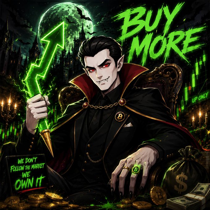An anime-style vampire character holding a glowing green lightning bolt, with 'BUY MORE' text and 'UP ONLY' and 'WE DON'T FOLLOW THE MARKET WE OWN IT' text, surrounded by Bitcoin, cash, and money bags.