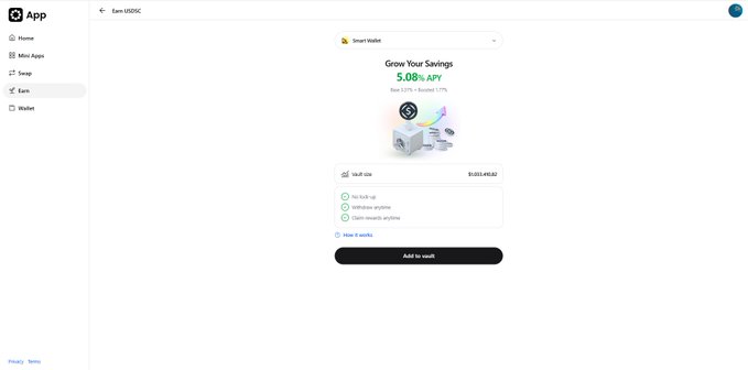 A screenshot of the Startale App's Earn USDSC page, highlighting a "Grow Your Savings 5.08% APY" opportunity with options for no lock-up, withdraw anytime, and claim rewards anytime, showing a vault balance of 1,003,493.82 USDSC. The image directly illustrates the post's claim about earning 5.08% annual APY on USDSC deposits through a vault backed by short-term U.S. Treasury Bills.