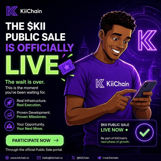 A promotional graphic for KiiChain announces 'THE $KII PUBLIC SALE IS OFFICIALLY LIVE', featuring a stylized illustration of a smiling man looking at his phone, with contact info including www.kiichain.io and @KiiChain.