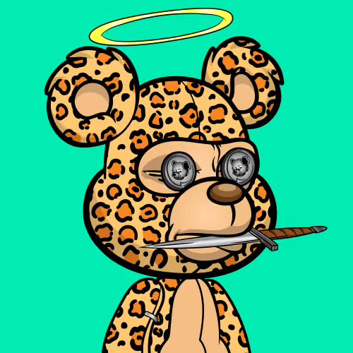 A cartoon illustration of a leopard-print teddy bear character with a halo above its head, silver coin eyes featuring a face, and a katana sword in its mouth, set against a teal background.