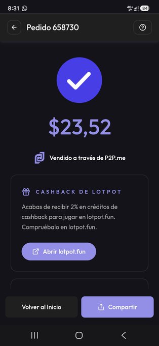 A mobile payment confirmation screen for 'Pedido 658730' shows a completed transaction of $23,52 sold through P2P.me, offering 2% cashback credits for lotpot.fun.