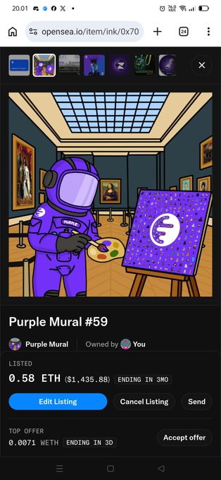 A mobile screenshot of OpenSea showing an NFT listing for 'Purple Mural #59' at 0.58 ETH ($1,435.88), featuring an astronaut character painting a purple canvas.