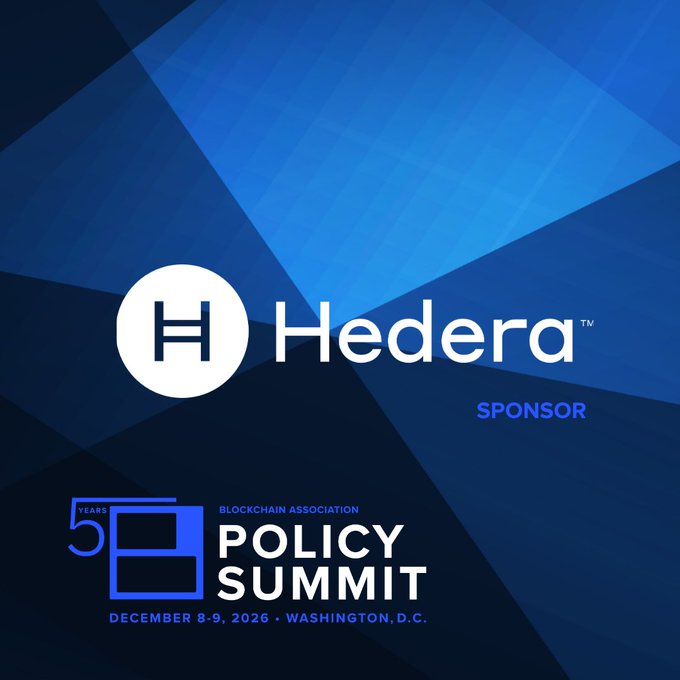 A promotional graphic displays the Hedera logo with the text 'SPONSOR' for the 'BLOCKCHAIN ASSOCIATION POLICY SUMMIT' taking place December 8-9, 2026, in Washington, D.C.