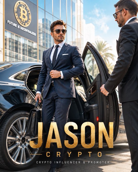 A promotional poster titled 'JASON CRYPTO' featuring a well-dressed man with sunglasses exiting a luxury car, with text 'CRYPTO INFLUENCER & PROMOTER' and a sign reading 'B FUTURE IS DECENTRALIZED' in the background.