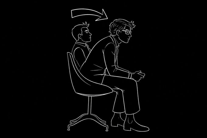 A minimalist line drawing animation showing a person sitting on a chair with an arrow above them, depicting the 'chair rotation meme.'