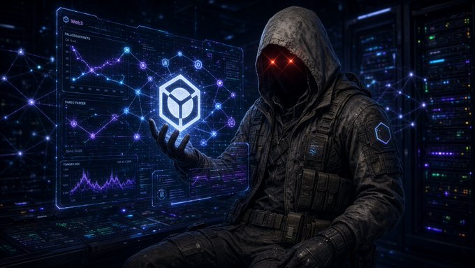 A dark, futuristic scene of a hooded figure in tactical gear with glowing red eyes, interacting with a holographic blue interface displaying data charts and a hexagonal logo.
