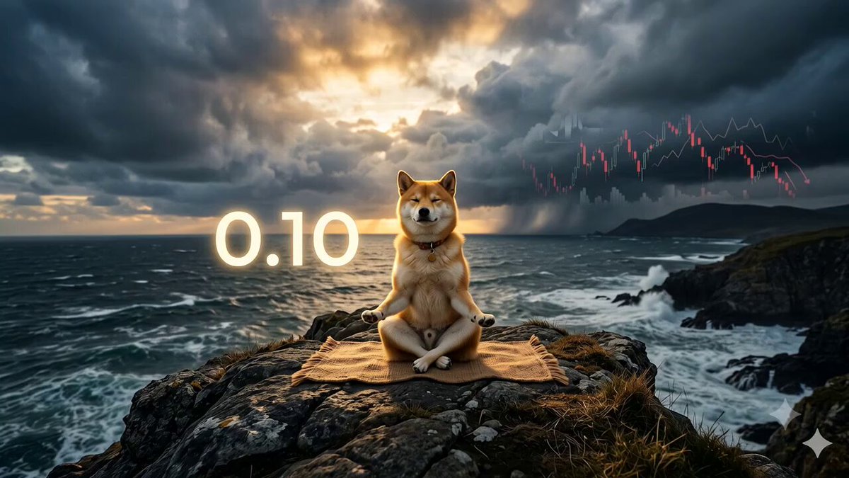 The image features a dog sitting on top of a rock near some water, with a cloudy sky behind him. The background of the photo includes an ocean view with waves crashing against rocks. There are also two umbrellas visible in the scene that suggest this might be an outdoor market or event taking place near the shoreline during a rainy day. The post associated with the image is titled "0.10" and features text about a Doge, which seems to be related to the dog in the photo.