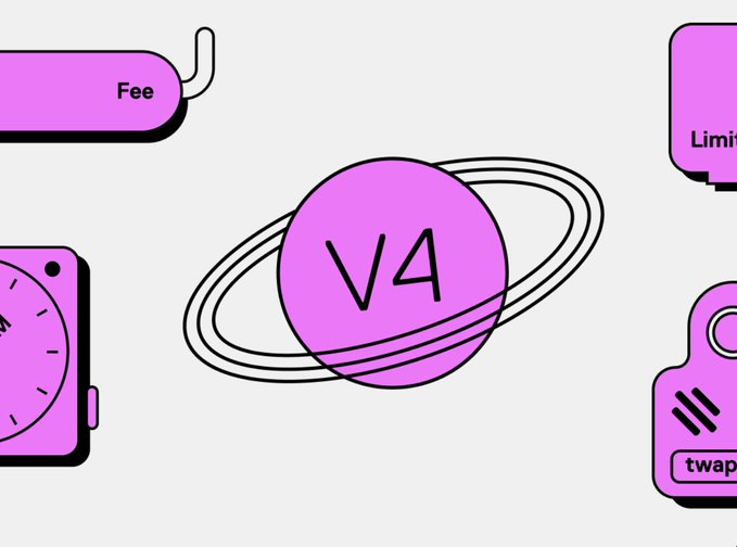 The image shows a stylized illustration featuring a pink planet labeled "V4" surrounded by rings, flanked by partial icons including a "Fee" tag, a "Limit" button, a watch, and a "twap" labeled element. These visual elements relate to the post by highlighting key features of Uniswap V4—such as fees, limit orders, time-weighted average pricing (TWAP), and timing—relevant to re-running defunct DeFi products like LVR auctions on the new platform.