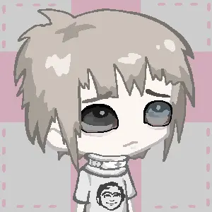 A chibi-style anime character with messy gray hair and large dark eyes wears a white shirt with a circular logo.