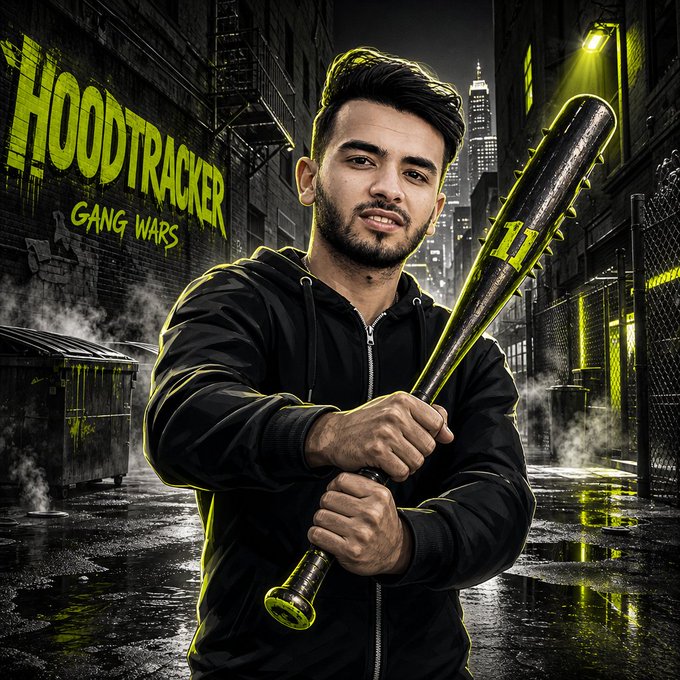 An illustrated poster titled 'HoodTracker Gang Wars' showing a young man in a black hoodie holding a baseball bat in a neon-lit urban alley at night.