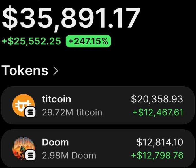 A crypto portfolio dashboard showing a total balance of $35,891.17 (+247.15%), with holdings in "titcoin" worth $20,358.93 and "Doom" worth $12,814.10.
