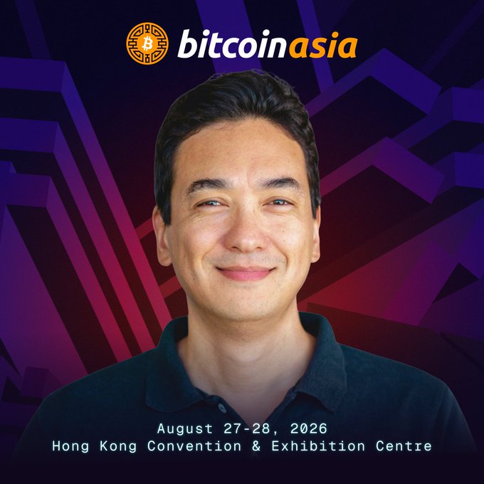 The image features a man with a smile, wearing a black polo shirt, against a purple background that includes a logo for Bitcoin Asia. The text "Metaplanets Simon Gerovich" is also present in the image. The post appears to be promoting an event or conference related to Bitcoin and cryptocurrency, as indicated by the title "Bitcoin Asia". The man's smile suggests a positive atmosphere at the event.