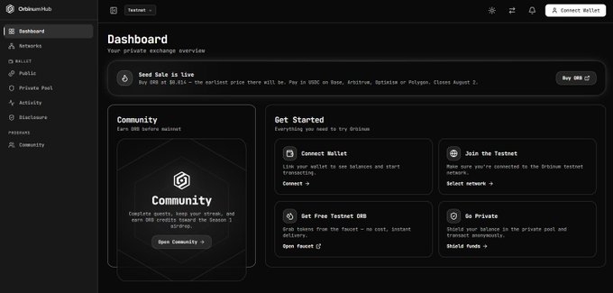A dark-themed dashboard for 'OrbismHub' showing live swap data, community access, and getting started guides for connecting wallets and getting testnet ORB.