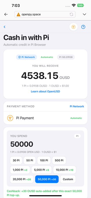 A mobile screenshot of the OpenPay app showing a "Cash in with Pi" transaction page where a user will spend 50,000 Pi to receive 4538.15 OUSD at a rate of 1 Pi = 0.0908 OUSD, with the 50,000 Pi option highlighted (+30 cashback) and an automatic cashback notice of +30 OUSD displayed at the bottom.