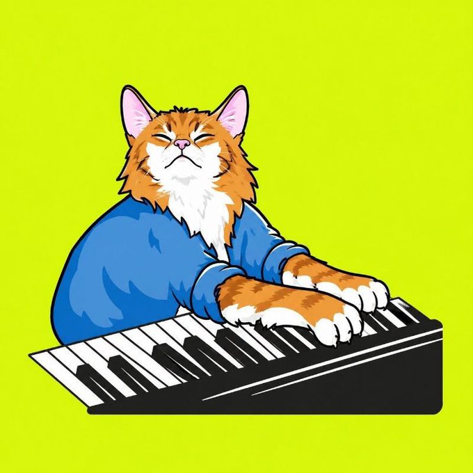 A cartoon orange and white cat wearing a blue shirt, contentedly playing a keyboard against a bright yellow background—visually embodying the iconic "Keyboard Cat" meme referenced in the post about the original viral feline sensation's journey into memecoin territory.
