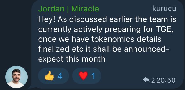 A Telegram message from "Jordan | Miracle" stating "Hey! As discussed earlier the team is currently actively preparing for TGE, once we have tokenomics details finalized etc it shall be announced- expect this month" with a profile picture of a bearded man.