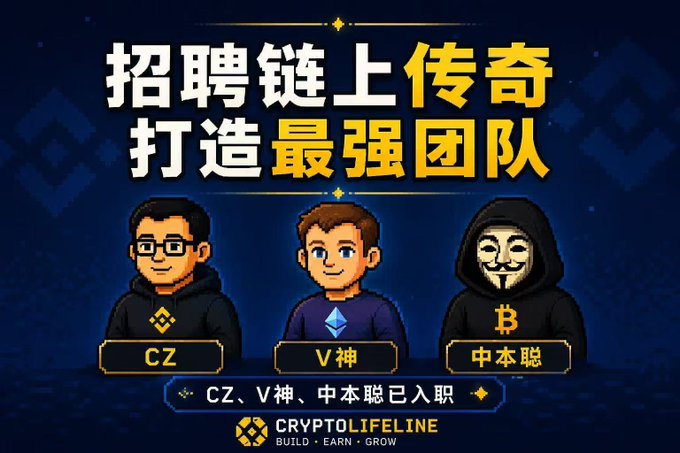 A pixel-art promotional banner for the CryptoLifeLine project featuring cartoon characters labeled "CZ," "V神" (Vitalik), and "中本聪" (Satoshi Nakamoto), with the headline "招聘链上传奇 打造最强团队" (Recruit on-chain legends, build the strongest team) and the tag "CZ、V神、中本聪已入职" (CZ, Vitalik, and Satoshi have joined). The image visually reinforces the post's concept of hiring crypto celebrities like CZ, Vitalik, and Satoshi as virtual "employees" in the BSC-based "打工人生" (Working Life) game.