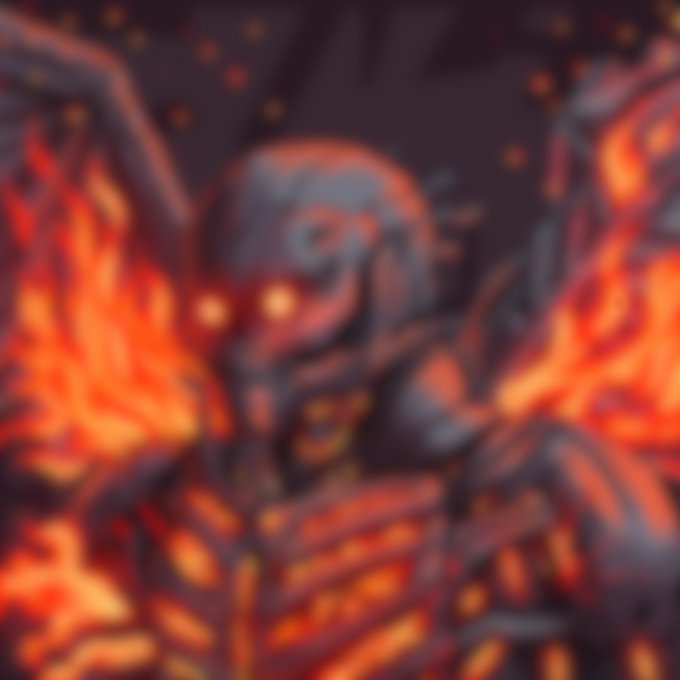 A blurry, dark digital illustration features a skeletal or demonic figure with glowing eyes surrounded by bright orange and red flames.