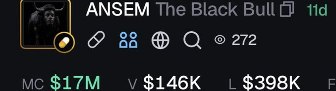 The image shows a crypto token profile for "ANSEM The Black Bull" with a $17M market cap, $146K volume, $398K liquidity, and 272 holders. The post compares the token favorably to "White Whale" and predicts a massive price surge, dismissing "200 Million" as FUD to hype ANSEM as a 50x opportunity.