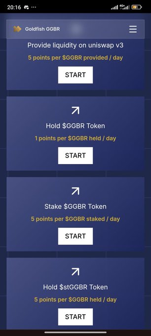 A mobile app screenshot for 'Goldfish GGBR' showing tasks to earn points, including providing liquidity on Uniswap v3, holding or staking $GGBR tokens, with point rewards listed for each activity.