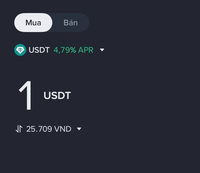A cryptocurrency trading interface in Vietnamese showing a 'Mua' (Buy) tab selected for USDT at 4.79% APR, with a price of 1 USDT to 25.709 VND.