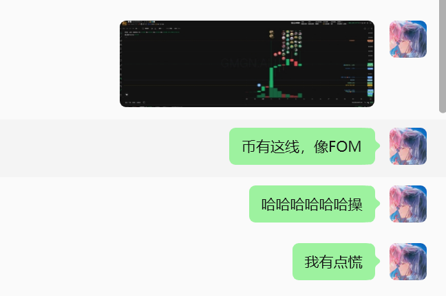 A WeChat conversation screenshot shows a trading chart display with the "GMGN.AI" watermark, alongside messages reading "币有这线，像FOM" (The coin has this line, like FOMO), "哈哈哈哈哈哈操" (Hahahaha damn), and "我有点慌" (I'm a bit panicked). The messages reflect the despair of cryptocurrency trading losses, complementing the poem about a 140k USD retracement and the futility of trading efforts on Binance.