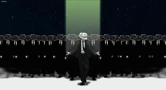 A troll-faced figure in a suit stands illuminated by a spotlight, surrounded by identical shadowy figures in a night setting, with "$TROLL" displayed in the upper left corner. The image visually represents the meme post's rallying cry for the TROLL token, using the troll face imagery to symbolize the community's defiant stance against capitulation and their bullish outlook on reaching a $150 million market cap by month's end.