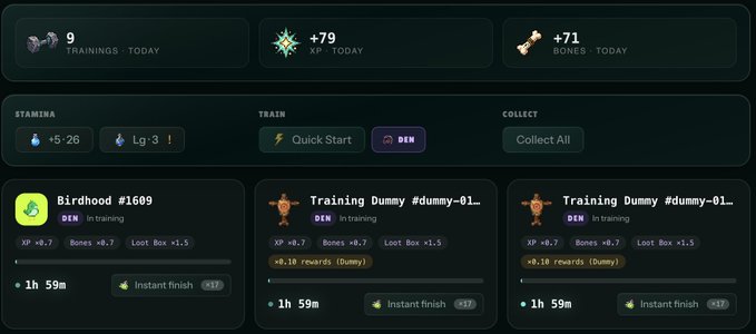 A game dashboard showing daily stats (9 trainings, +79 XP, +71 bones today), stamina indicators, and training progress for "Birdhood #1609" and two "Training Dummy #dummy-01..." cards, all with 1h 59m remaining and instant finish options.