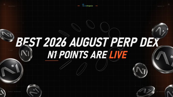 A promotional graphic for N1 points season 1 announces the "Best 2026 August Perp DEX" with "N1 Points are LIVE," featuring black circular N1-branded tokens scattered across a dark grid background. The image visually reinforces the post's pitch to participate in the N1 airdrop before late farmers drive up costs.