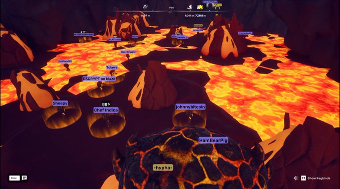 A screenshot of a World of Warcraft game scene showing multiple player characters in a fiery, lava-filled environment.