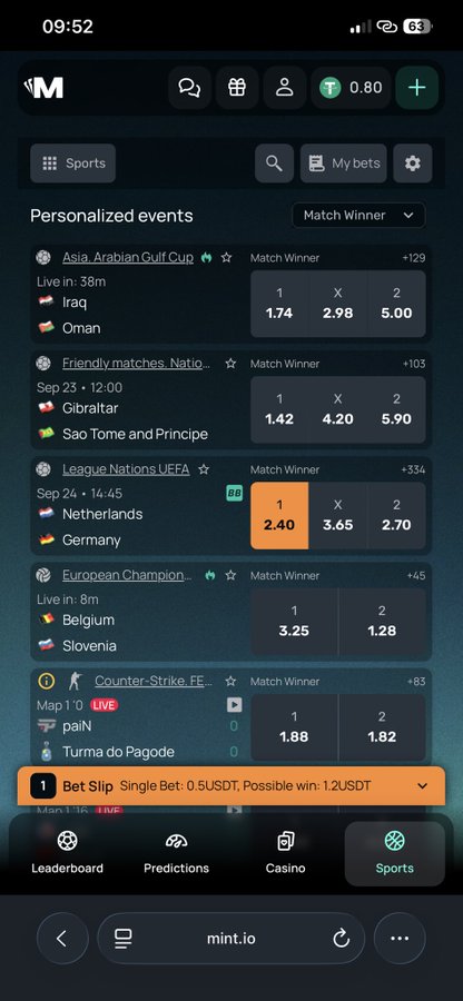 A mobile sports betting app on mint.io showing personalized Match Winner events including Iraq vs. Oman (Asian Arabian Gulf Cup), Gibraltar vs. Sao Tome and Principe, Netherlands vs. Germany, and a live Counter-Strike match between paiN and Turma do Pagode.