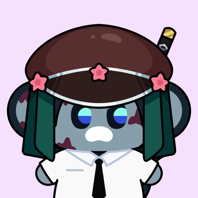 A cartoon illustration of a gray koala-like character wearing a brown hat with pink flowers and a white collared shirt with a black tie.