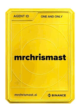 A gold Binance Agent ID card displays “mrchrismast,” “AGENT ID,” “ONE AND ONLY,” “mrchrismast.ai,” and the Binance logo.