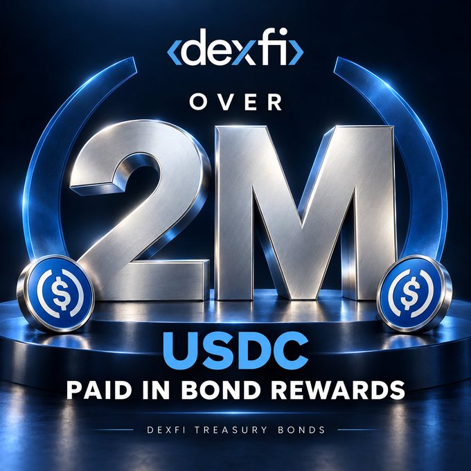 A promotional graphic for 'dexfi' featuring large metallic 3D text '2M USDC PAID IN BOND REWARDS' with DEXFI TREASURY BONDS at the bottom, flanked by USDC coin icons.