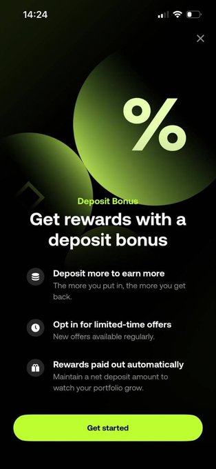 A mobile app screen for a deposit bonus rewards program featuring a green percent symbol, with prompts to deposit more, opt into limited-time offers, and earn automatic rewards.