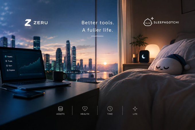 An advertisement for 'ZERU' and 'SLEEPAGOTCHI' featuring the tagline 'Better tools. A fuller life.', with category icons for Assets, Health, Time, and Life.