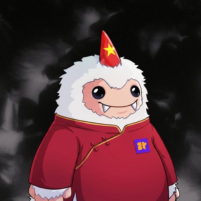 A digital illustration of a fluffy white yeti-like creature wearing a red traditional Chinese-style robe with gold trim and a 'sr' logo, featuring a small red rocket hat with a yellow star on its head.