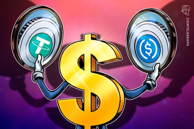 A Cointelegraph illustration shows a golden dollar sign character flanked by Tether (USDT) and USD Coin (USDC) logos.
