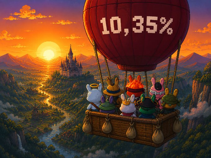 A fantasy illustration of cute rabbit and frog-like characters in a hot air balloon, with a red balloon displaying '10,35%', flying over a castle landscape at sunset.