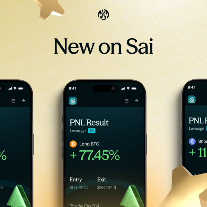 The promotional graphic titled "New on Sai" showcases mobile app screenshots displaying a "PNL Result" trade with a "Long BTC" position showing +77.45% returns at 5x leverage, with an entry of $65,261.14 and exit of $68,287.21. The visual aligns with the product update announcement, highlighting the improved, easier-to-read trade history features mentioned in the post.