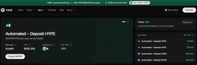 A dark-themed screenshot of a 'nest' protocol interface shows a vault titled 'Automated – Deposit HYPE' managed by Amplifi, with an estimated APY of 93% and TVL of $185.35K.