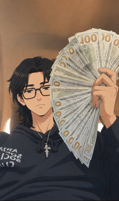 The image features an anime character with glasses holding up a large amount of money, including 100 dollar bills. The character appears to be posing for a photo or drawing attention to their wealth. The background of the image is a brown color, which complements the overall theme and style of the artwork.