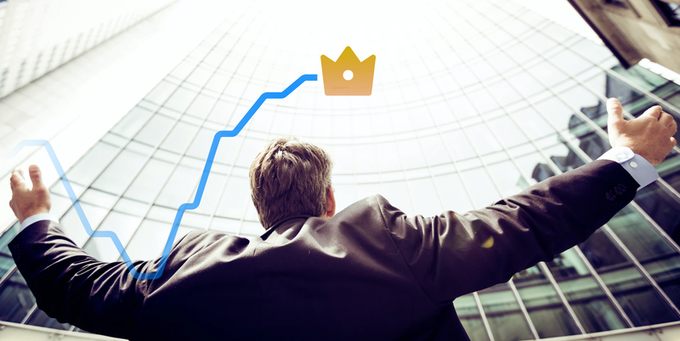 A businessman in a suit stands with arms outstretched in triumph before a glass building, with a blue upward trending line graph and a crown icon overlaid, symbolizing success.