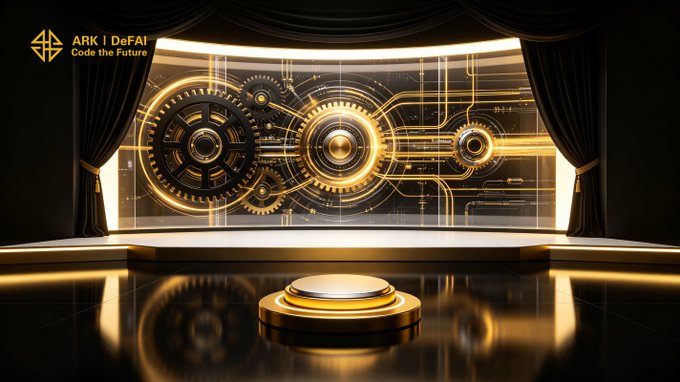 The image showcases a futuristic stage featuring glowing golden gears and circuitry against a dark backdrop, with "ARK | DeFAI - Code the Future" displayed in the upper left, visually reinforcing the post's message about the powerful, well-engineered AI engine driving Arkie AI App's seamless integration of agents, workflows, and execution.