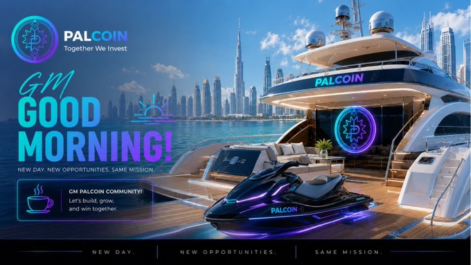 A promotional 'GM GOOD MORNING!' image for PALCOIN cryptocurrency, featuring a luxury yacht branded 'PALCOIN' with the tagline 'Together We Invest' and 'NEW DAY. NEW OPPORTUNITIES. SAME MISSION.'