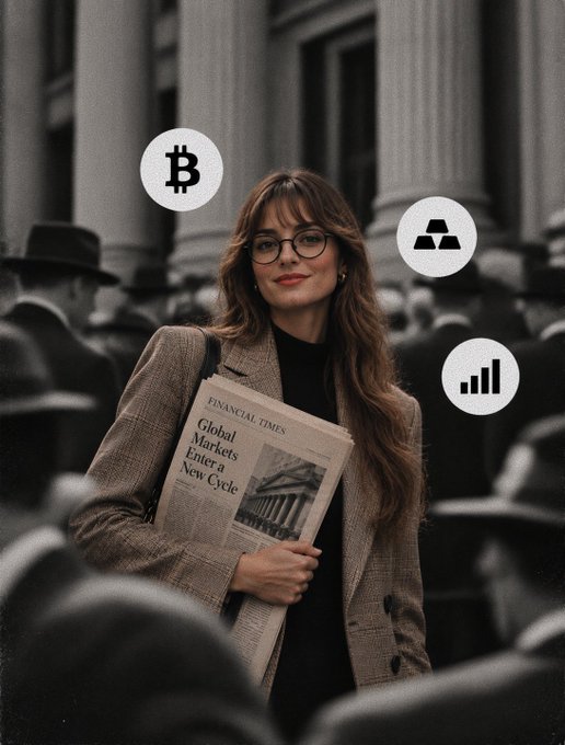 An AI-generated image of a woman with glasses holding a Financial Times newspaper with the headline 'Global Markets Enter a New Cycle', surrounded by Bitcoin, gold, and stock chart icons, set against a black-and-white background of a classical building.