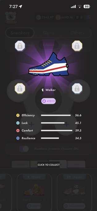 The image shows a phone screen displaying an app called "Waker" with a blue shoe as its main focus. The app has four different settings, each represented by a circle containing a number or letter. These settings include "Easy", "Medium", "Hard", and "Very Hard". The app also features a "Collect" button that allows users to save their progress in the game.