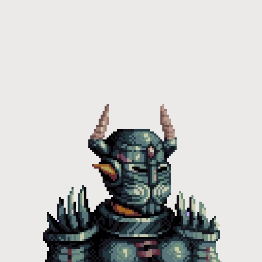 A pixel art illustration of a menacing armored warchief with blue horns and spiked shoulder plates, titled "Meet the Fallen Warchief" as a creative prompt inviting users to suggest legendary names via direct messages.